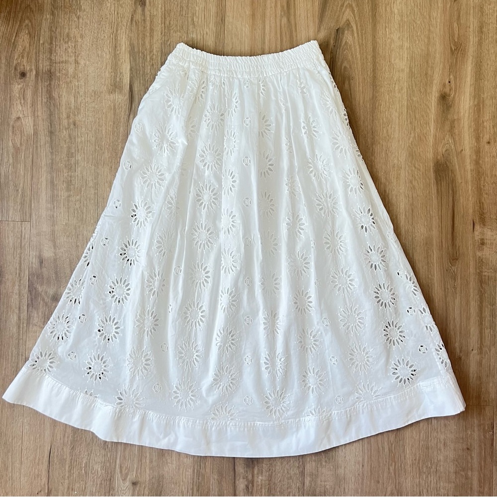 Zara 100% Cotton Oyster White Embroidered Eyelet Midi Skirt with Pockets